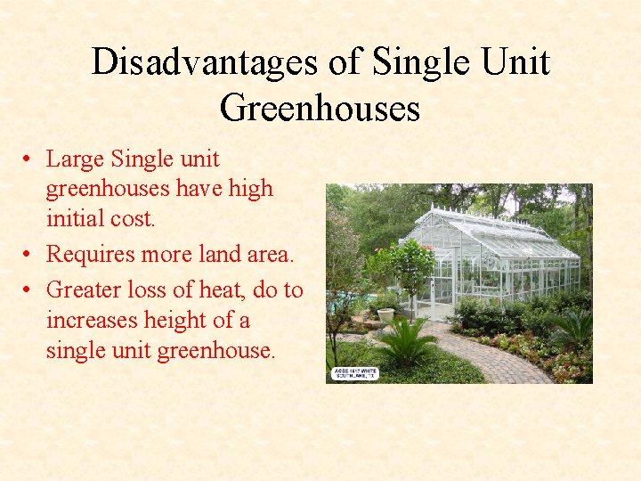 Disadvantages of Single Unit Greenhouses • Large Single unit greenhouses have high initial cost.