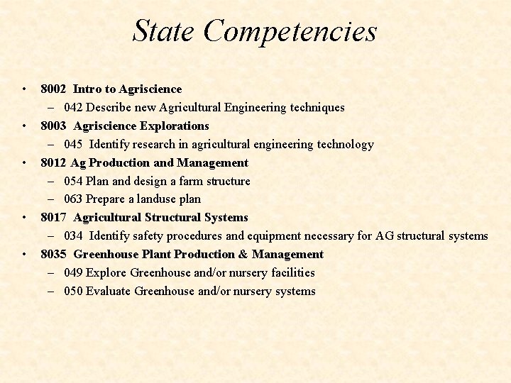 State Competencies • • • 8002 Intro to Agriscience – 042 Describe new Agricultural