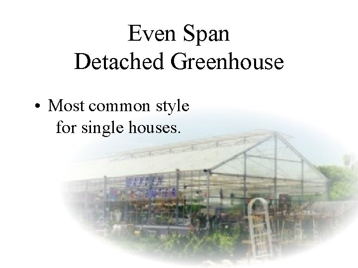 Even Span Detached Greenhouse • Most common style for single houses. 