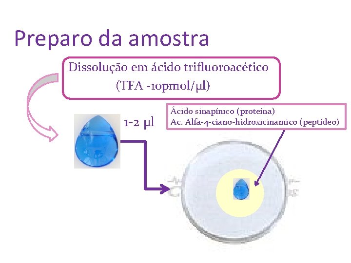 Preparo da amostra Dissolução em ácido trifluoroacético (TFA -10 pmol/µl) 1 -2 µl Ácido