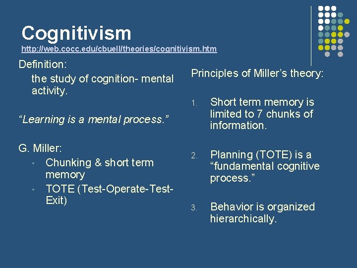 Cognitivism http: //web. cocc. edu/cbuell/theories/cognitivism. htm Definition: the study of cognition- mental activity. Principles