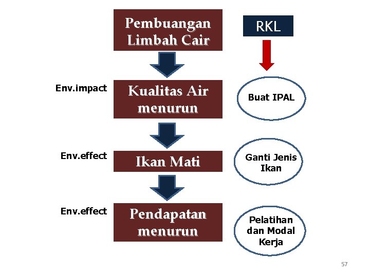 Pembuangan Limbah Cair RKL Env. impact Kualitas Air menurun Buat IPAL Env. effect Ikan