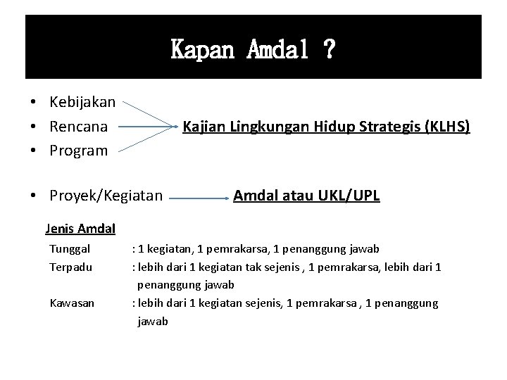 Kapan Amdal ? • Kebijakan • Rencana • Program Kajian Lingkungan Hidup Strategis (KLHS)