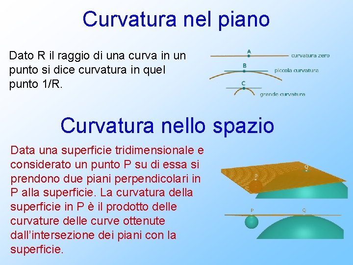 Curvatura nel piano Dato R il raggio di una curva in un punto si