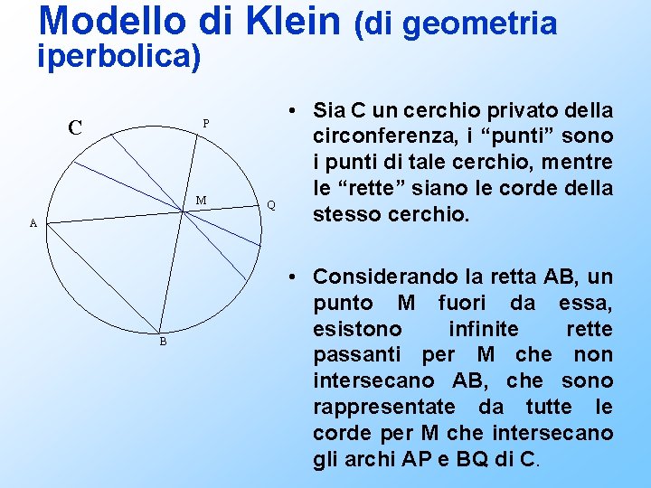 Modello di Klein (di geometria iperbolica) C P M A B Q • Sia