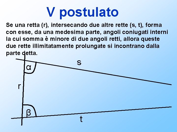 V postulato Se una retta (r), intersecando due altre rette (s, t), forma con