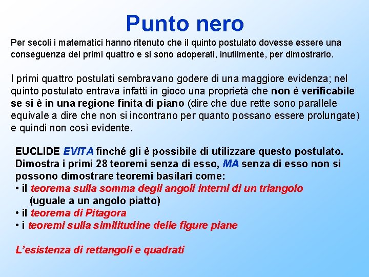 Punto nero Per secoli i matematici hanno ritenuto che il quinto postulato dovessere una