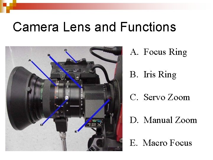 Camera Lens and Functions A. Focus Ring B. Iris Ring C. Servo Zoom D.