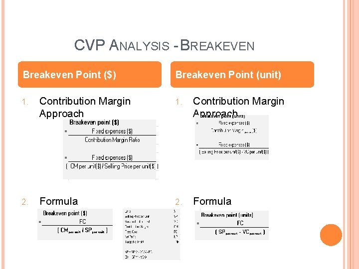 CVP ANALYSIS - BREAKEVEN Breakeven Point ($) Breakeven Point (unit) 1. Contribution Margin Approach