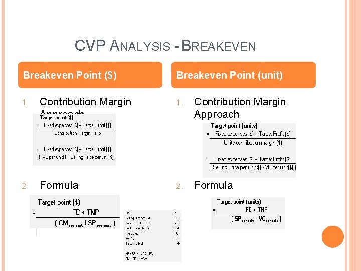 CVP ANALYSIS - BREAKEVEN Breakeven Point ($) Breakeven Point (unit) 1. Contribution Margin Approach