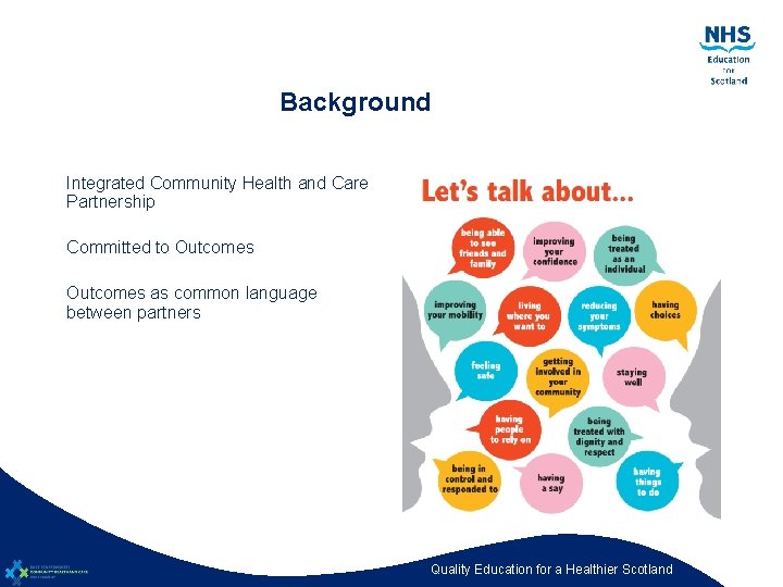 Background Integrated Community Health and Care Partnership Committed to Outcomes as common language between