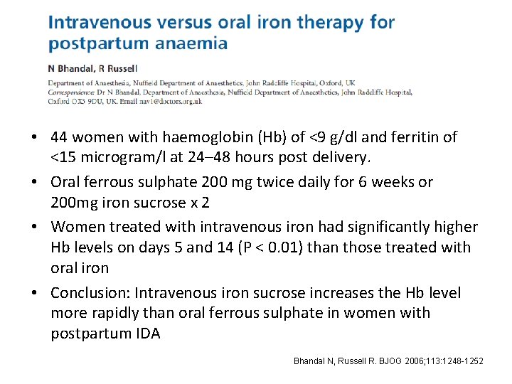 New concepts in diagnosis and management of iron