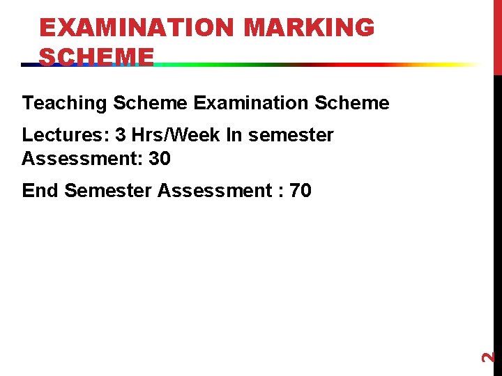 EXAMINATION MARKING SCHEME Teaching Scheme Examination Scheme Lectures: 3 Hrs/Week In semester Assessment: 30