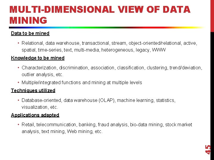 MULTI-DIMENSIONAL VIEW OF DATA MINING Data to be mined • Relational, data warehouse, transactional,