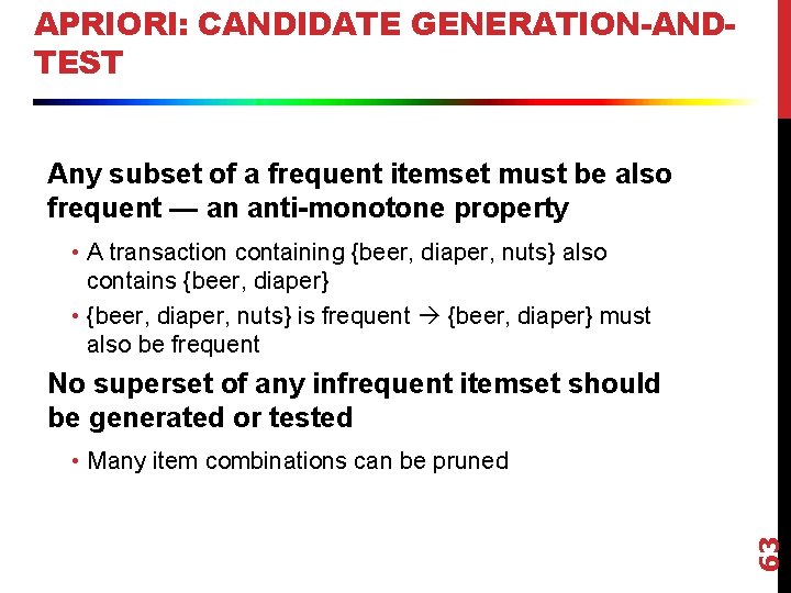 APRIORI: CANDIDATE GENERATION-ANDTEST Any subset of a frequent itemset must be also frequent —