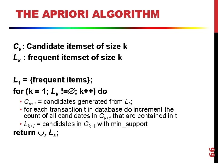 THE APRIORI ALGORITHM Ck: Candidate itemset of size k Lk : frequent itemset of