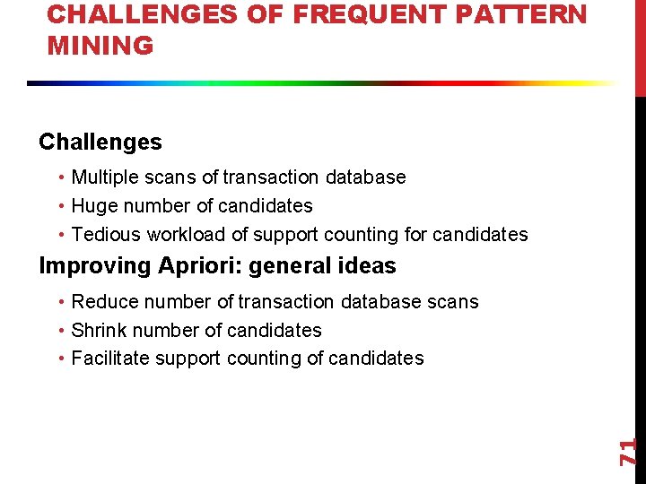 CHALLENGES OF FREQUENT PATTERN MINING Challenges • Multiple scans of transaction database • Huge