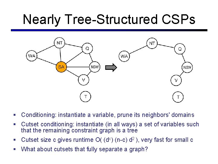 Nearly Tree-Structured CSPs § Conditioning: instantiate a variable, prune its neighbors' domains § Cutset
