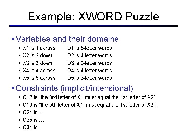 Example: XWORD Puzzle § Variables and their domains § § § X 1 is