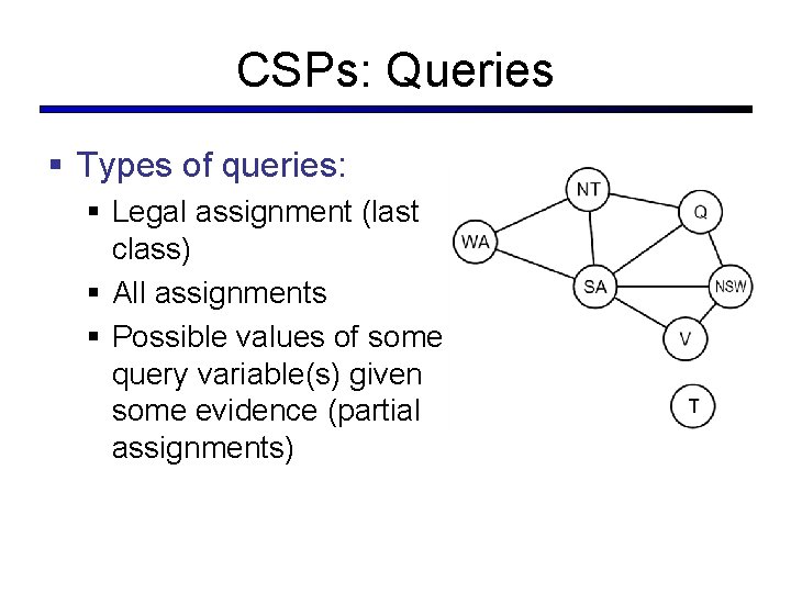 CSPs: Queries § Types of queries: § Legal assignment (last class) § All assignments