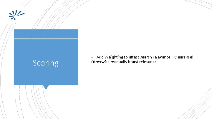 Scoring Add Weighting to affect search relevance—Clearance! Otherwise manually boost relevance • 