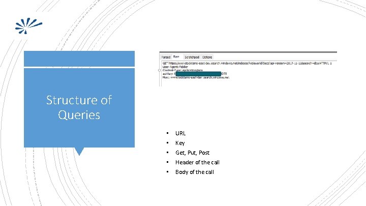 Structure of Queries • • • URL Key Get, Put, Post Header of the