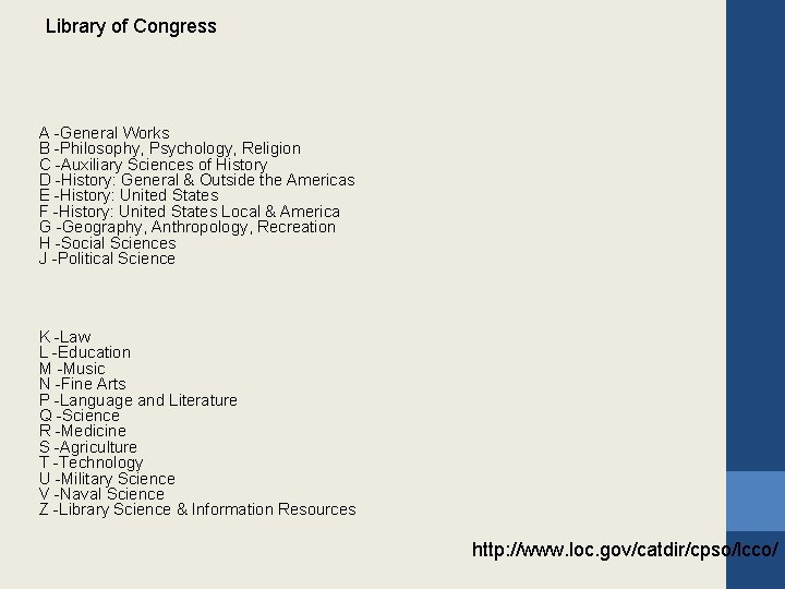 Library of Congress A -General Works B -Philosophy, Psychology, Religion C -Auxiliary Sciences of