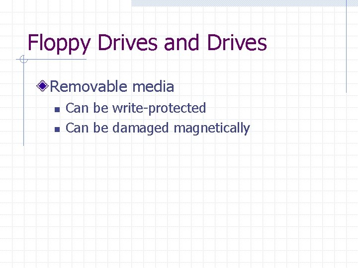 Floppy Drives and Drives Removable media n n Can be write-protected Can be damaged