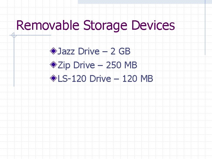 Removable Storage Devices Jazz Drive – 2 GB Zip Drive – 250 MB LS-120