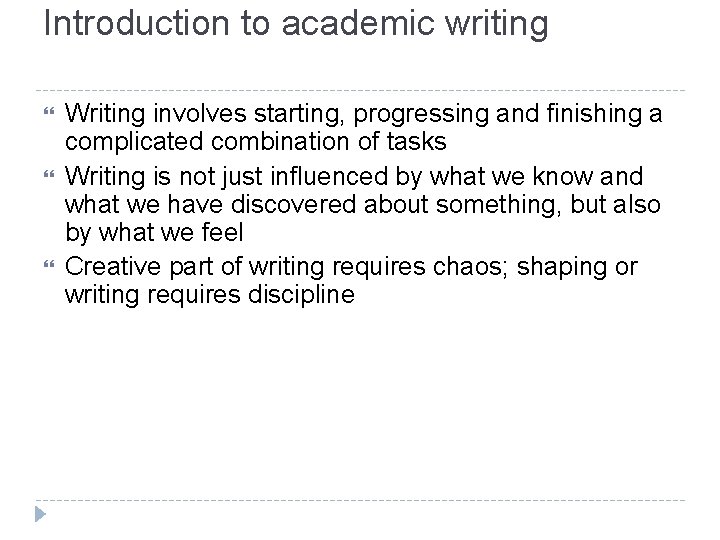 Introduction to academic writing Writing involves starting, progressing and finishing a complicated combination of
