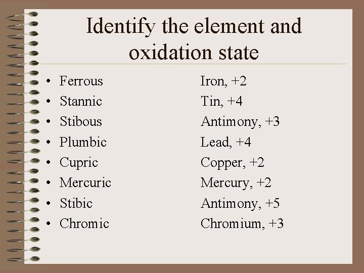 Identify the element and oxidation state • • Ferrous Stannic Stibous Plumbic Cupric Mercuric