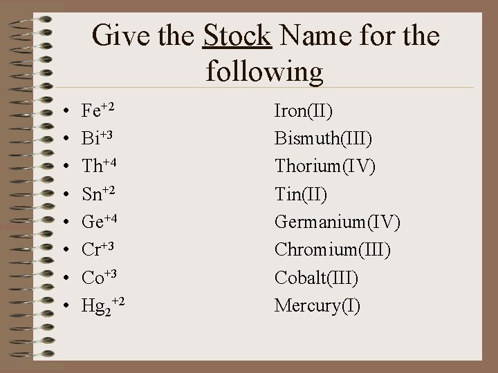 Give the Stock Name for the following • • Fe+2 Bi+3 Th+4 Sn+2 Ge+4