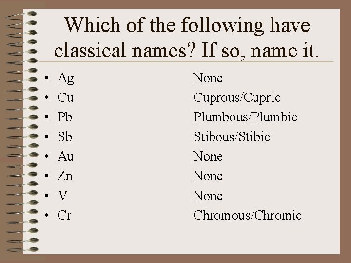 Which of the following have classical names? If so, name it. • • Ag
