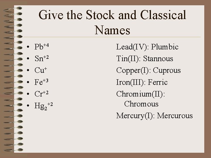 Give the Stock and Classical Names • • • Pb+4 Sn+2 Cu+ Fe+3 Cr+2