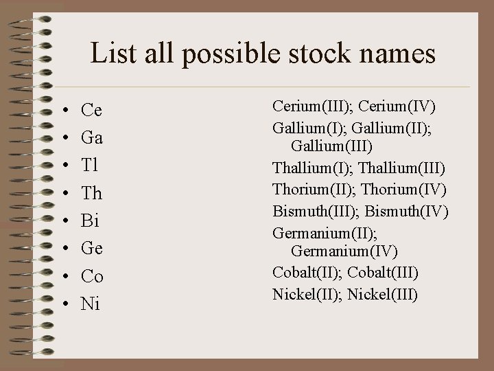 List all possible stock names • • Ce Ga Tl Th Bi Ge Co