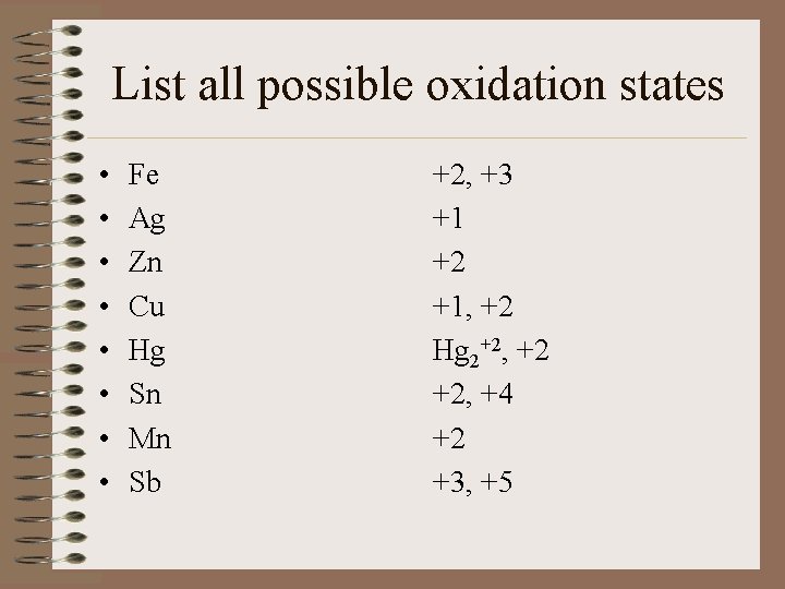 List all possible oxidation states • • Fe Ag Zn Cu Hg Sn Mn