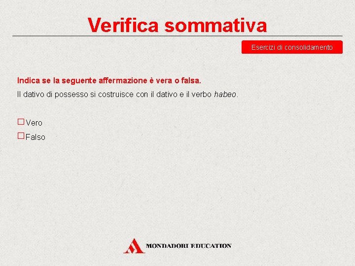 Verifica sommativa Esercizi di consolidamento Indica se la seguente affermazione è vera o falsa.