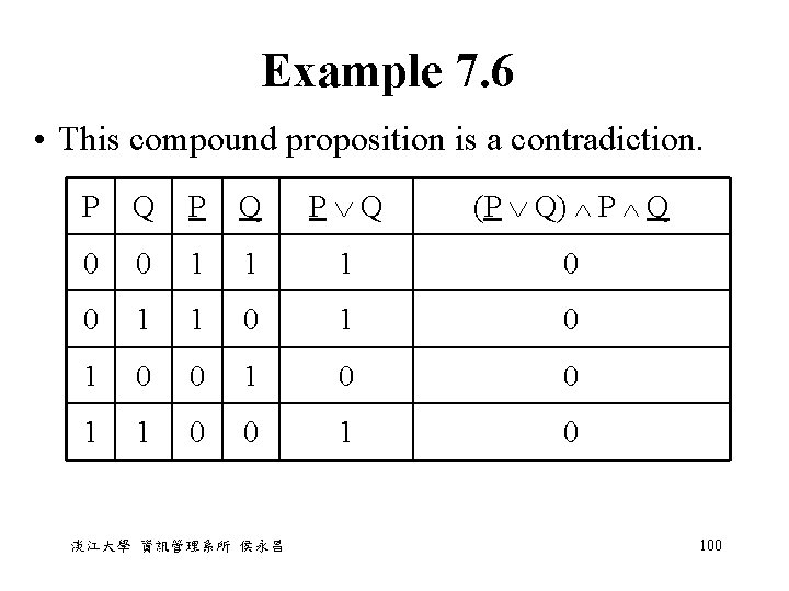 Example 7. 6 • This compound proposition is a contradiction. P Q P Q Example 7. 6 • This compound proposition is a contradiction. P Q P Q