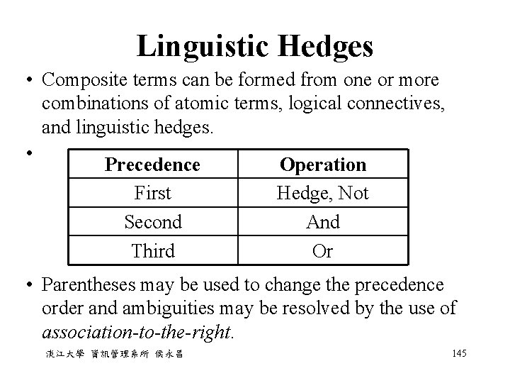 Linguistic Hedges • Composite terms can be formed from one or more combinations of Linguistic Hedges • Composite terms can be formed from one or more combinations of