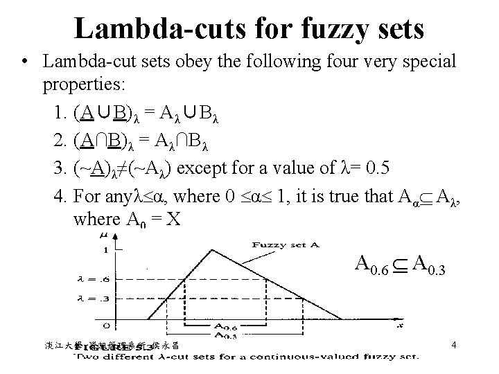 Lambda-cuts for fuzzy sets • Lambda-cut sets obey the following four very special properties: Lambda-cuts for fuzzy sets • Lambda-cut sets obey the following four very special properties: