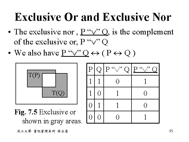Exclusive Or and Exclusive Nor • The exclusive nor , P “ ” Q, Exclusive Or and Exclusive Nor • The exclusive nor , P “ ” Q,