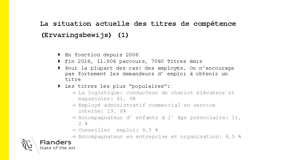 La situation actuelle des titres de compétence (Ervaringsbewijs) (1) En fonction depuis 2006 Fin