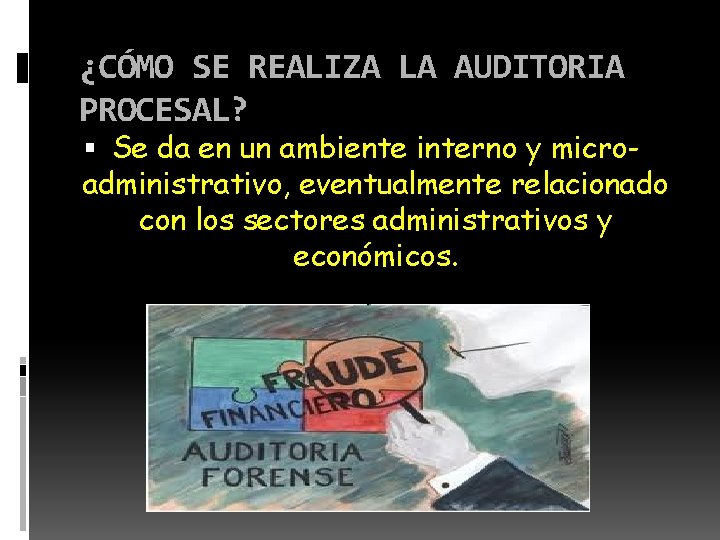 ¿CÓMO SE REALIZA LA AUDITORIA PROCESAL? Se da en un ambiente interno y microadministrativo,