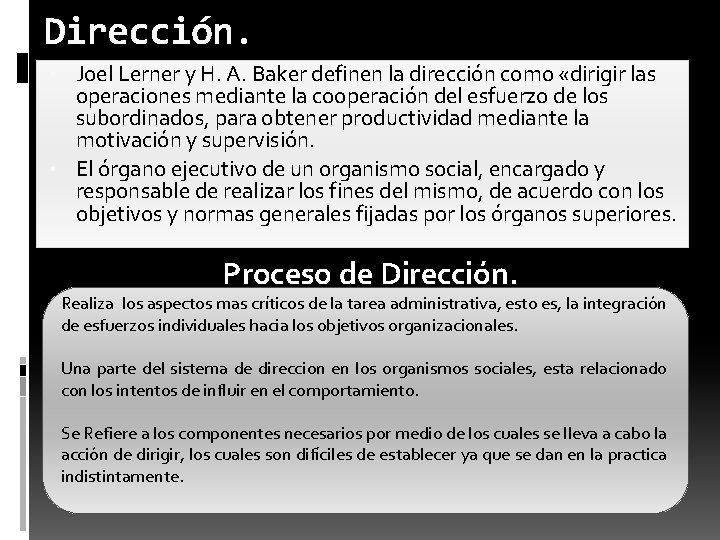 Dirección. • Joel Lerner y H. A. Baker definen la dirección como «dirigir las Dirección. • Joel Lerner y H. A. Baker definen la dirección como «dirigir las