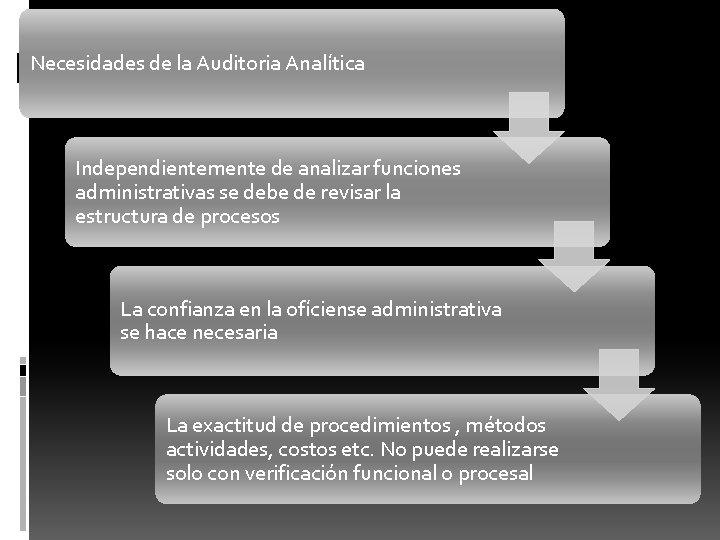 Necesidades de la Auditoria Analítica Independientemente de analizar funciones administrativas se debe de revisar