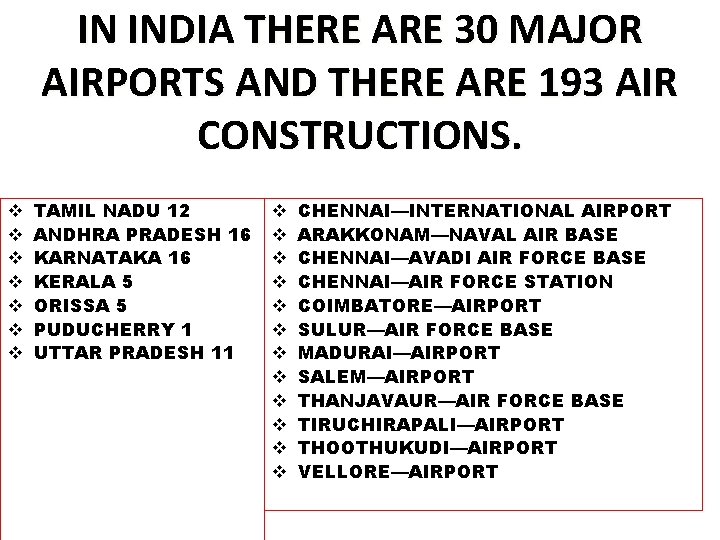 IN INDIA THERE ARE 30 MAJOR AIRPORTS AND THERE ARE 193 AIR CONSTRUCTIONS. v