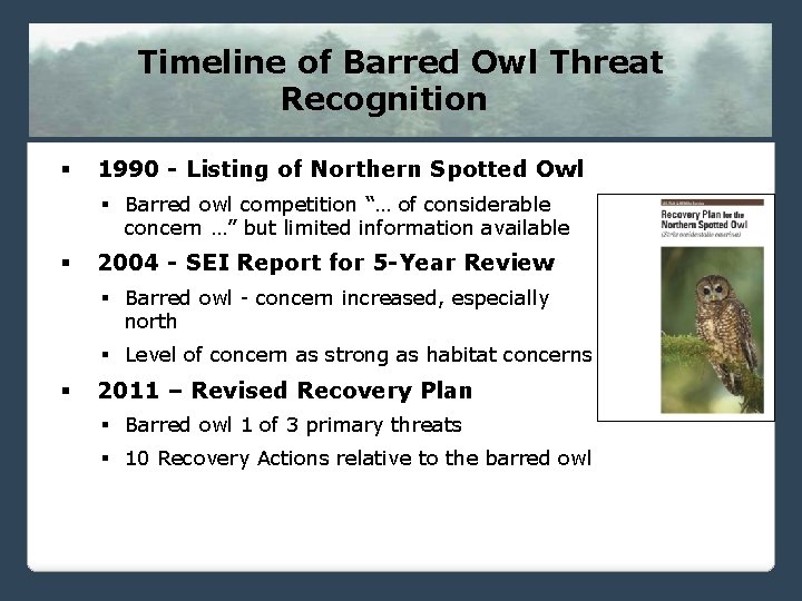 Timeline of Barred Owl Threat Recognition § 1990 - Listing of Northern Spotted Owl