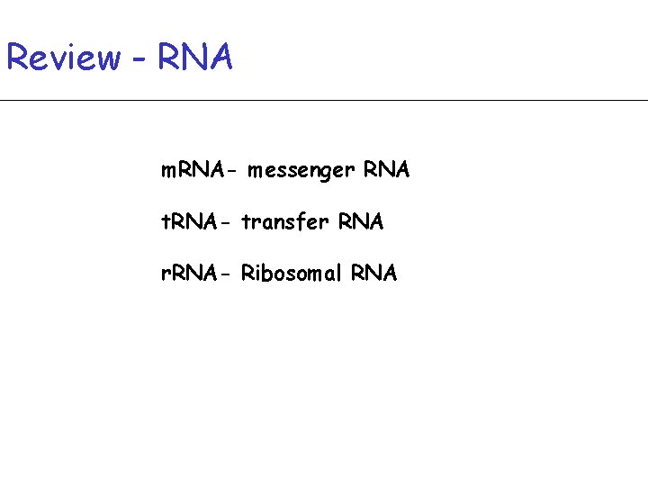 Review - RNA m. RNA- messenger RNA t. RNA- transfer RNA r. RNA- Ribosomal