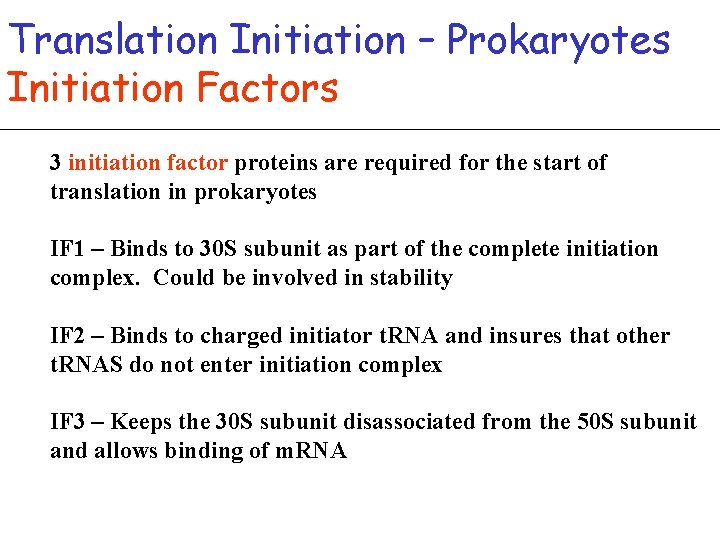Translation Initiation – Prokaryotes Initiation Factors 3 initiation factor proteins are required for the