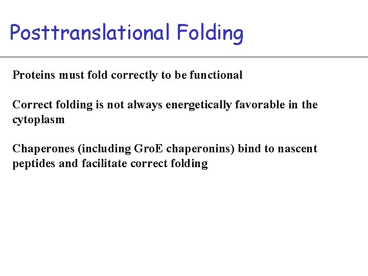 Posttranslational Folding Proteins must fold correctly to be functional Correct folding is not always